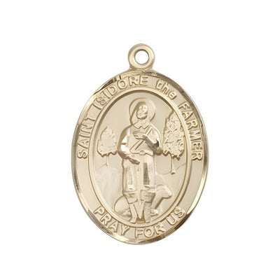 St. Isidore the Farmer 14kt Gold Oval Medal Pendant, Measures 1-inch tall by 3/4-inch wide. Deluxe Gift Box, Bliss Manufacturing