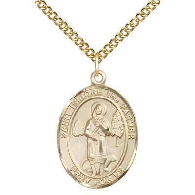 St. Isidore the Farmer 14kt Gold Oval Medal Pendant with 14kt Gold Chain, Measures 1-inch tall by 3/4-inch wide. Deluxe Gift Box, Bliss Manufacturing