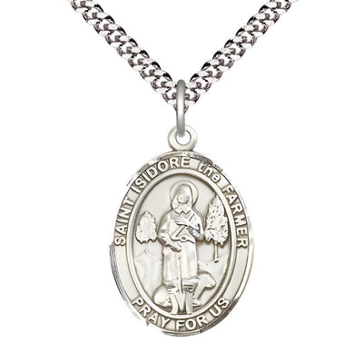 St. Isidore the Farmer Pewter Oval Medal Pendant with Rhodium-plated Chain, Measures 1-inch tall by 3/4-inch wide. Deluxe Gift Box, Bliss Manufacturing