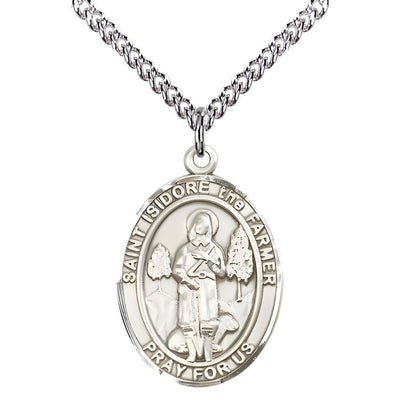 St. Isidore the Farmer Sterling Silver Oval Medal Pendant with Sterling Silver Chain, Measures 1-inch tall by 3/4-inch wide. Deluxe Gift Box, Bliss Manufacturing