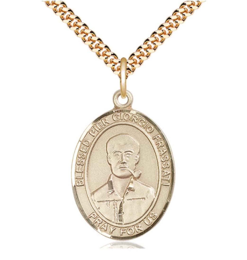 Bliss 14kt Gold Filled Blessed Pier Giorgio Frassati Pendant on a Gold Plate Heavy Curb Chain,