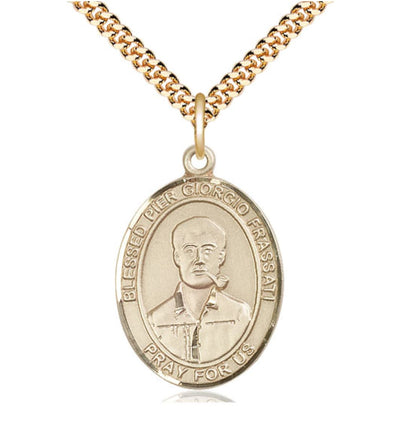 14kt Gold Filled Blessed Pier Giorgio Frassati Pendant on a Gold Plate Heavy Curb Chain, Bliss Manufacturing