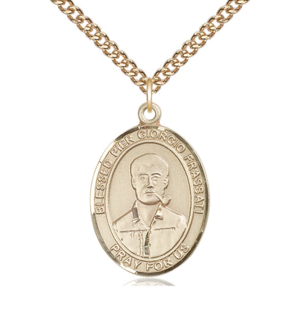 Bliss 14kt Gold Filled Blessed Pier Giorgio Frassati Pendant on a Gold Filled Heavy Curb Chain,