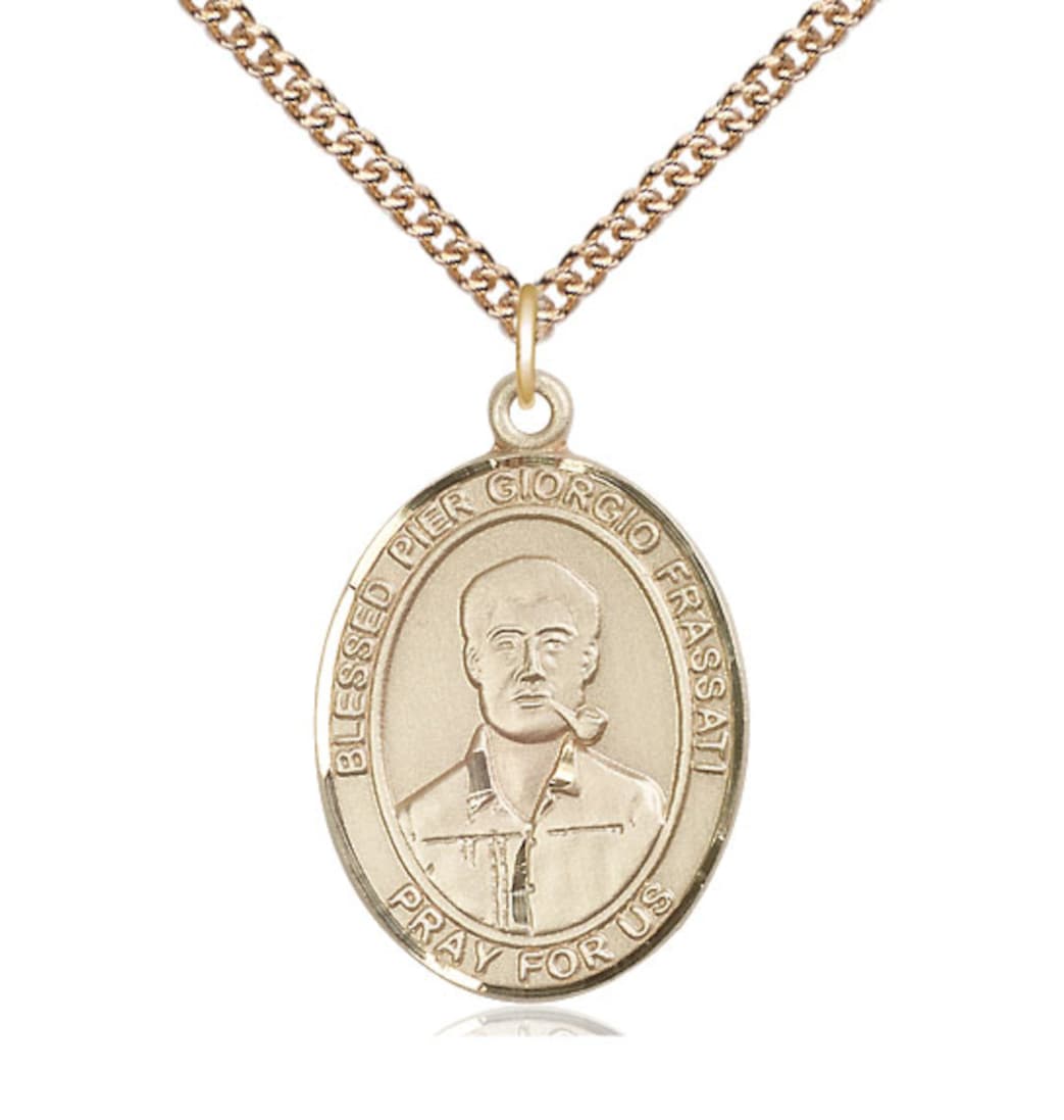 Bliss Manufacturing 14kt Gold Blessed Pier Giorgio Frassati Pendant on a 14kt Gold Heavy Curb Chain,