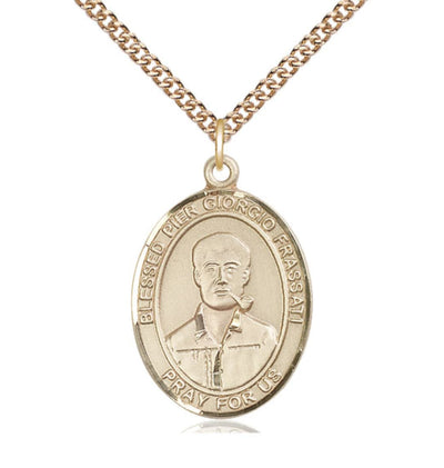 14kt Gold Blessed Pier Giorgio Frassati Pendant on a 14kt Gold Heavy Curb Chain, Bliss Manufacturing