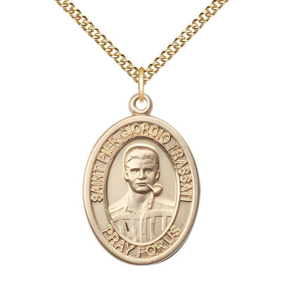 Large Saint Pier Giorgio Frassati 14kt Gold Oval Medal Pendant with 14kt Gold Curb Chain in Deluxe Gift Box | Bliss Manufacturing