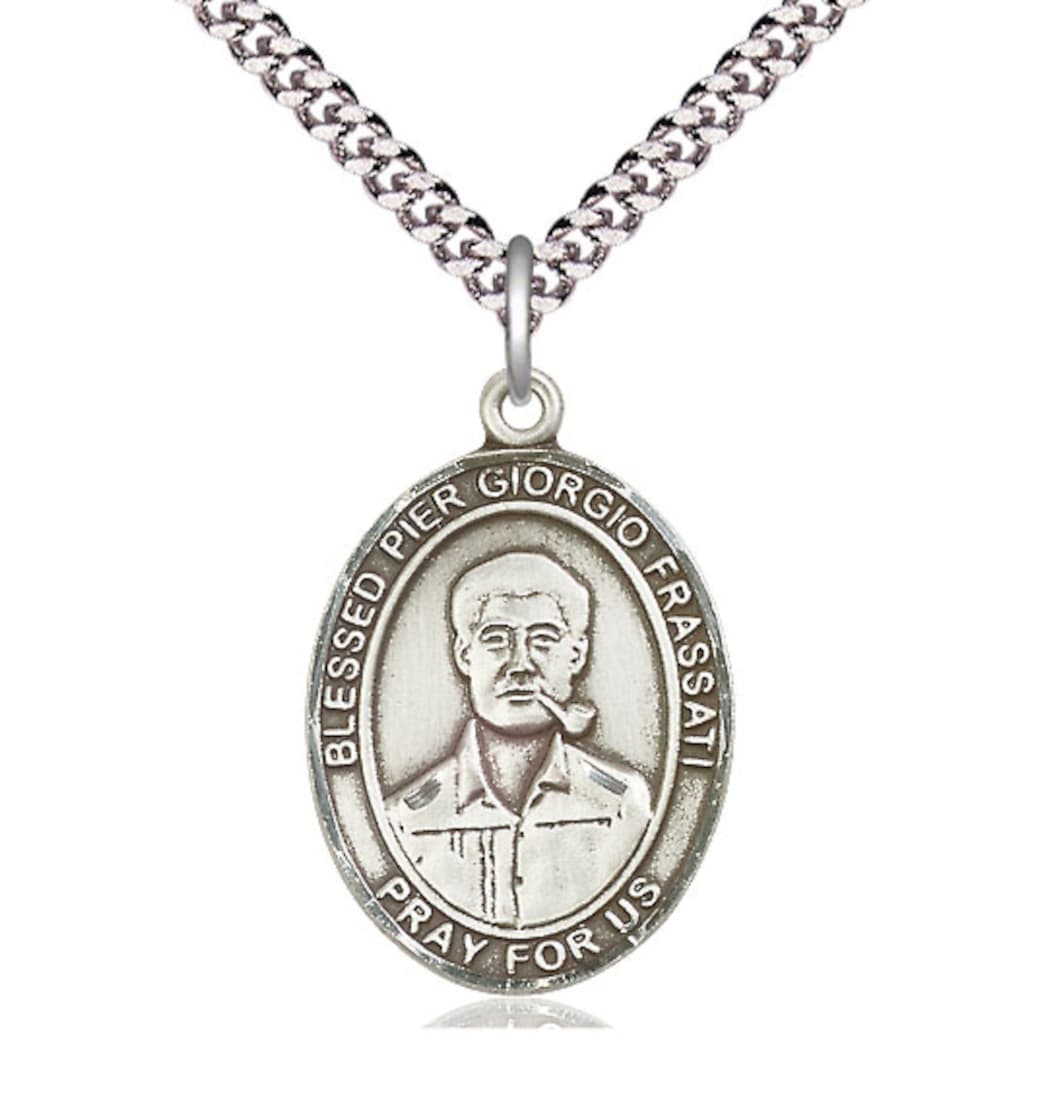 Bliss Large Pewter Blessed Pier Giorgio Frassati Pendant on a Light Rhodium Heavy Curb Chain,