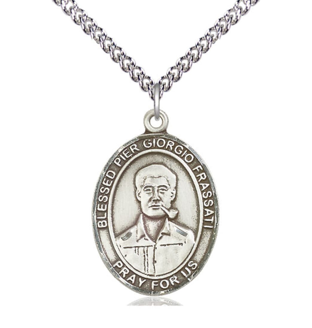 Bliss Sterling Silver Blessed Pier Giorgio Frassati Pendant on a Sterling Silver Heavy Curb Chain,