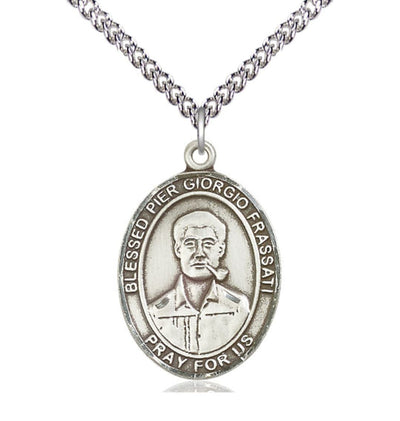 Sterling Silver Blessed Pier Giorgio Frassati Pendant on a Sterling Silver Heavy Curb Chain, Bliss Manufacturing