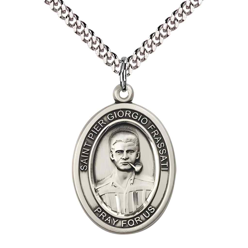 Large Saint Pier Giorgio Frassati Sterling Silver Oval Medal Pendant with Rhodium-plated Curb Chain in Deluxe Gift Box | Bliss Manufacturing
