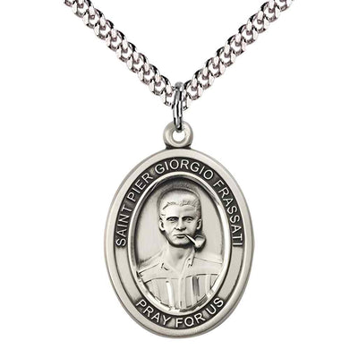 Large Saint Pier Giorgio Frassati Sterling Silver Oval Medal Pendant with Rhodium-plated Curb Chain in Deluxe Gift Box | Bliss Manufacturing