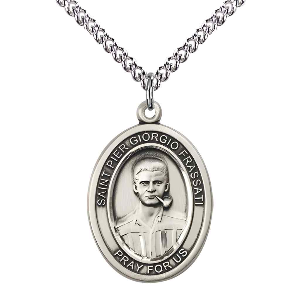 Large Saint Pier Giorgio Frassati Sterling Silver Oval Medal Pendant with Sterling Silver Curb Chain in Deluxe Gift Box | Bliss Manufacturing