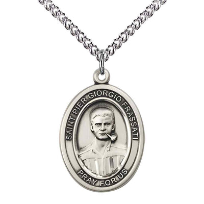 Large Saint Pier Giorgio Frassati Sterling Silver Oval Medal Pendant with Sterling Silver Curb Chain in Deluxe Gift Box | Bliss Manufacturing