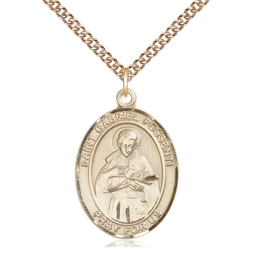 Bliss St Gabriel Possenti 14kt Gold Oval Large Medal with 14kt Gold Curb Chain,