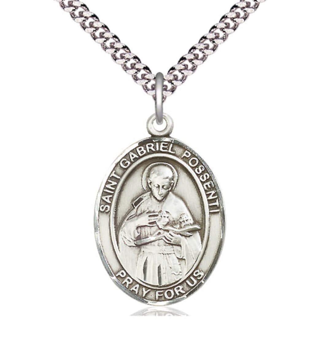 Bliss St Gabriel Possenti Pewter Oval Large Medal Necklace with Plated Chain,