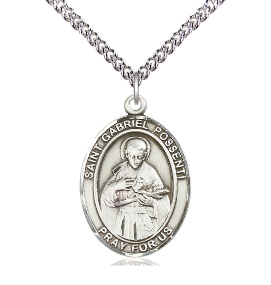 Bliss St Gabriel Possenti Sterling Silver Oval Large Medal Necklace with 24-in Sterling Chain,