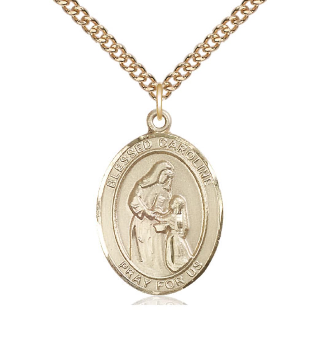 Bliss Large 14kt Gold Filled Blessed Caroline Gerhardinger Pendant on a 24 inch Gold Filled Heavy Curb Chain,