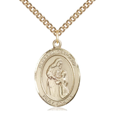 Large 14kt Gold Filled Blessed Caroline Gerhardinger Pendant on a 24 inch Gold Filled Heavy Curb Chain, Bliss Manufacturing
