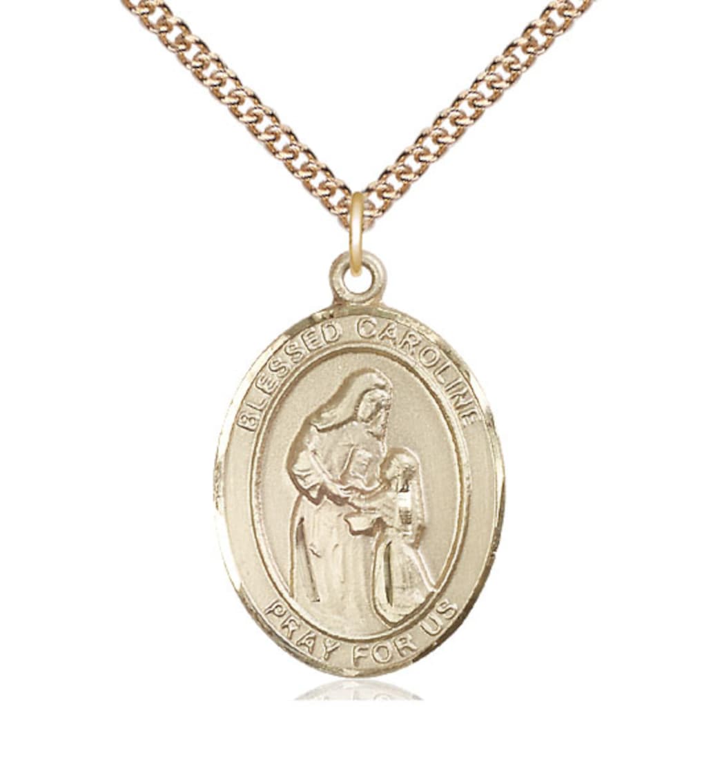 Bliss 14kt Gold Blessed Caroline Gerhardinger Pendant on a 24 inch 14kt Gold Heavy Curb Chain,