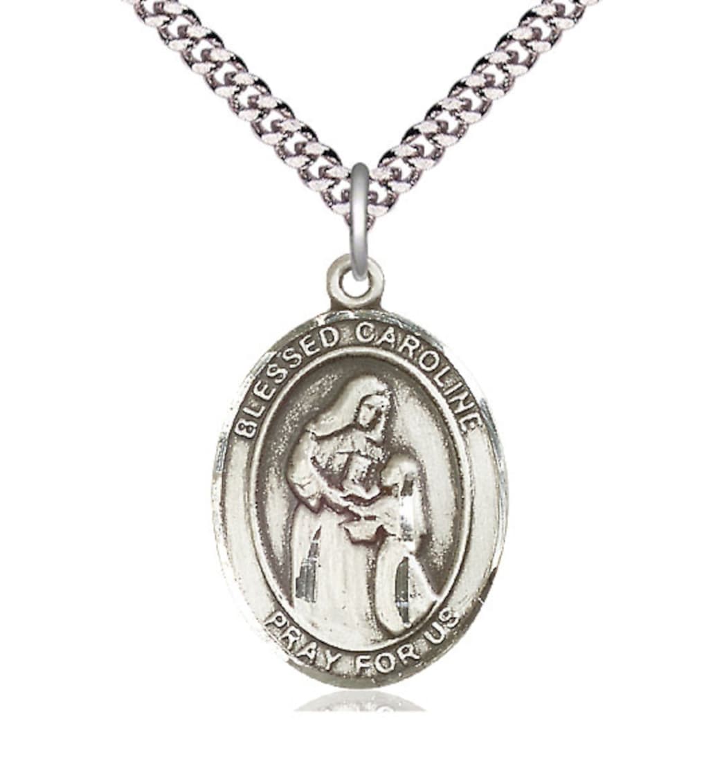 Bliss Sterling Silver Blessed Caroline Gerhardinger Pendant on a 24 inch Light Rhodium Heavy Curb Chain,