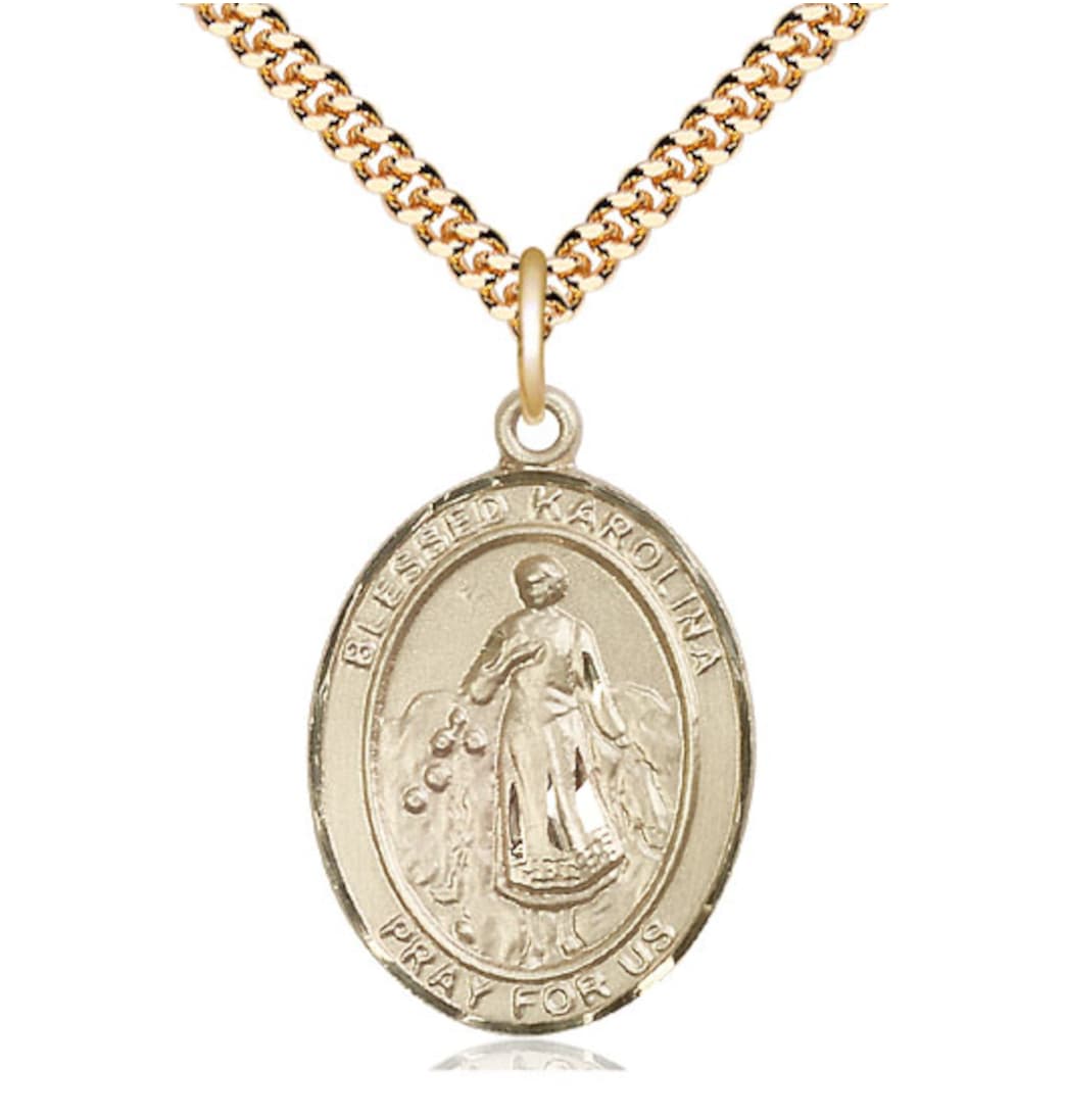 Bliss Gold Filled Blessed Karolina Kozkowna Pendant on a Gold Plate Heavy Curb Chain,