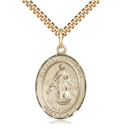 Gold Filled Blessed Karolina Kozkowna Pendant on a Gold Plate Heavy Curb Chain, Bliss Manufacturing