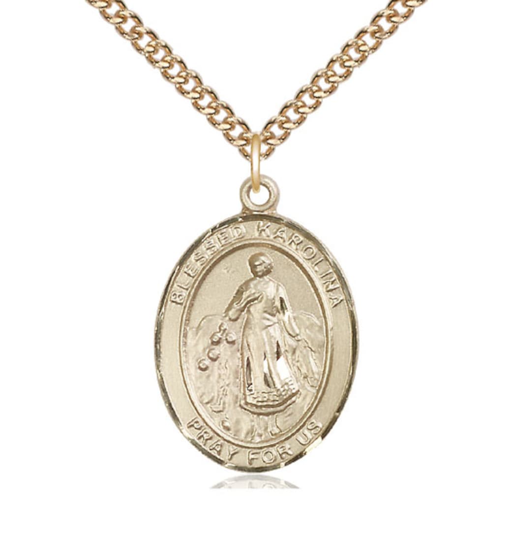 Bliss 14kt Gold Filled Blessed Karolina Kozkowna Pendant on a Gold Filled Heavy Curb Chain,