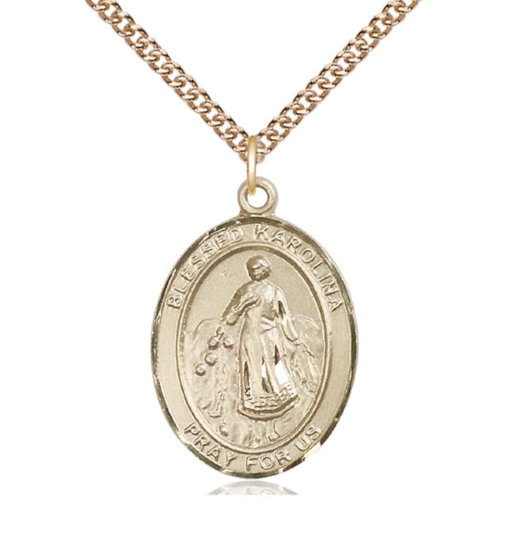 Bliss 14kt Gold Blessed Karolina Kozkowna Pendant on a 14kt Gold Heavy Curb Chain,