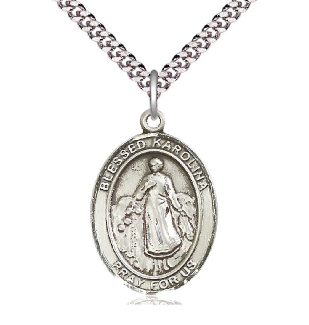 Bliss Sterling Silver Blessed Karolina Kozkowna Pendant on a Light Rhodium Heavy Curb Chain,