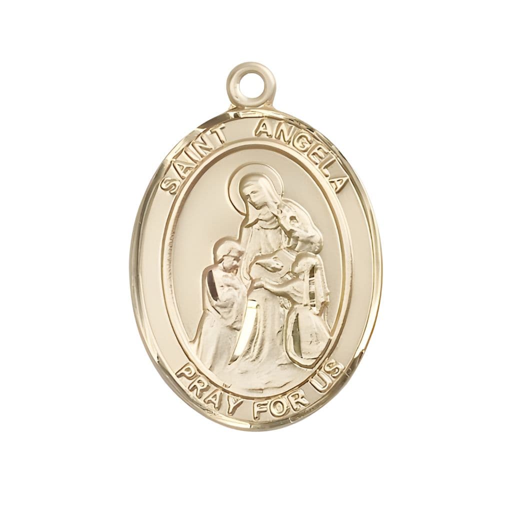 Bliss St. Angela Merici 14kt Gold Oval Medal Pendant, Measures 1-inch tall by 3/4-inch wide.