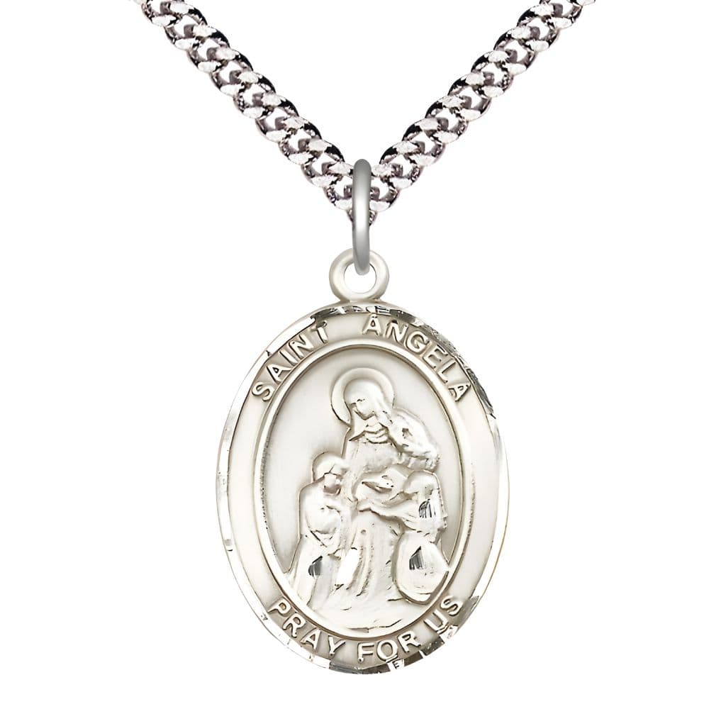 Bliss St. Angela Merici Sterling Silver Oval Medal Pendant with Rhodium-plated Chain, Measures 1-inch tall by 3/4-inch wide.