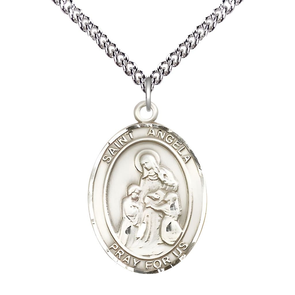 Bliss St. Angela Merici Sterling Silver Oval Medal Pendant with Sterling Chain, Measures 1-inch tall by 3/4-inch wide.