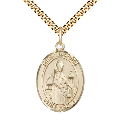 St. Walter of Pontnoise 14kt Gold-filled Oval Medal Pendant with Gold-plated Chain, Measures 1-inch tall by 3/4-inch wide, Bliss Manufacturing