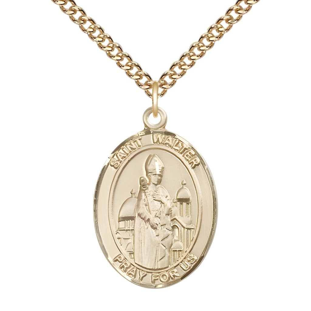 Bliss St. Walter of Pontnoise 14kt Gold-filled Oval Medal Pendant with Gold-filled Chain, Measures 1-inch tall by 3/4-inch wide.