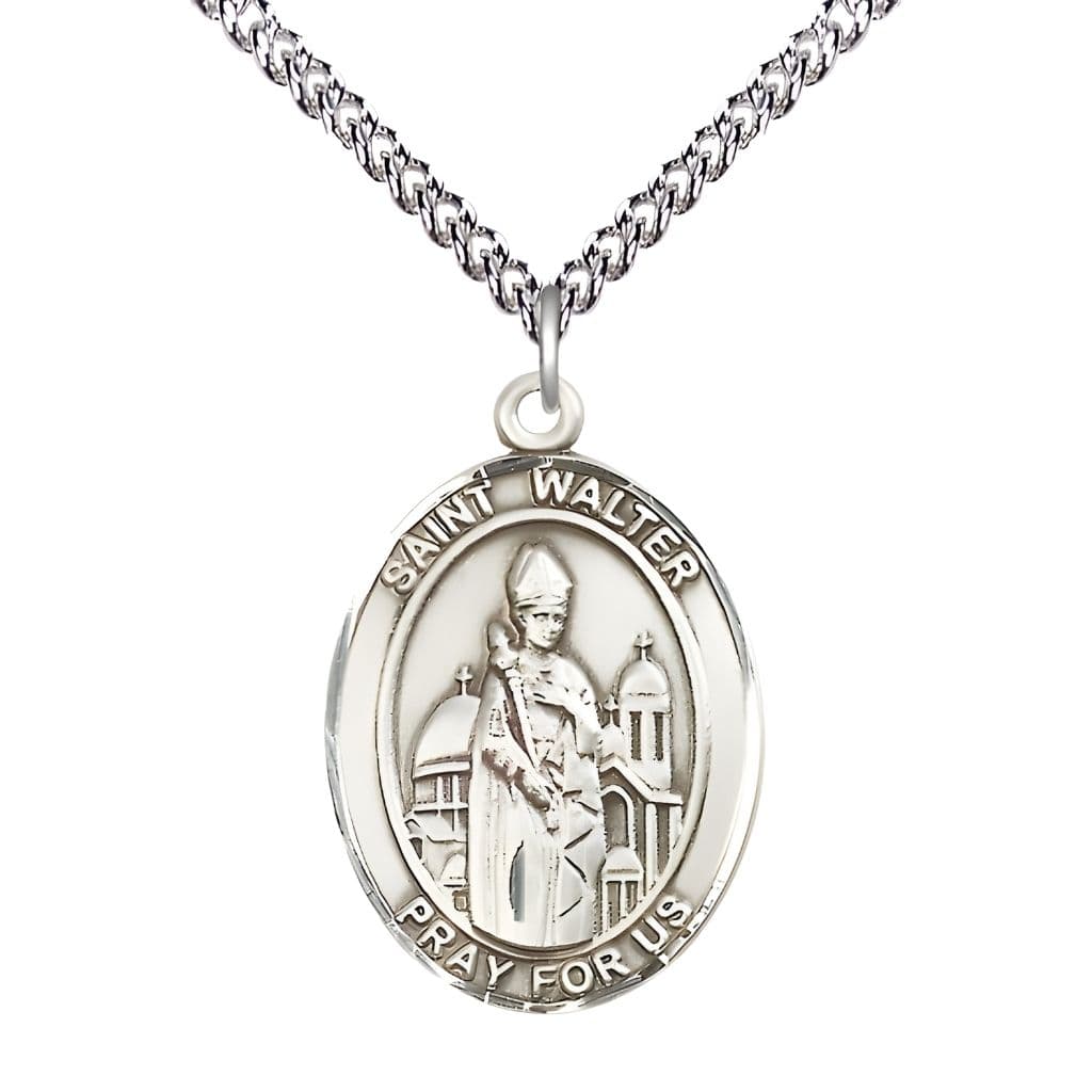 Bliss St. Walter of Pontnoise Sterling Silver Oval Medal Pendant with Sterling Chain, Measures 1-inch tall by 3/4-inch wide.