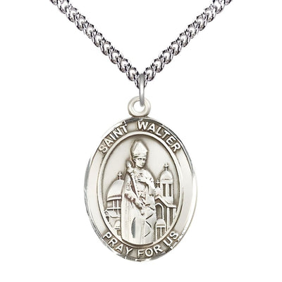 St. Walter of Pontnoise Sterling Silver Oval Medal Pendant with Sterling Chain, Measures 1-inch tall by 3/4-inch wide, Bliss Manufacturing