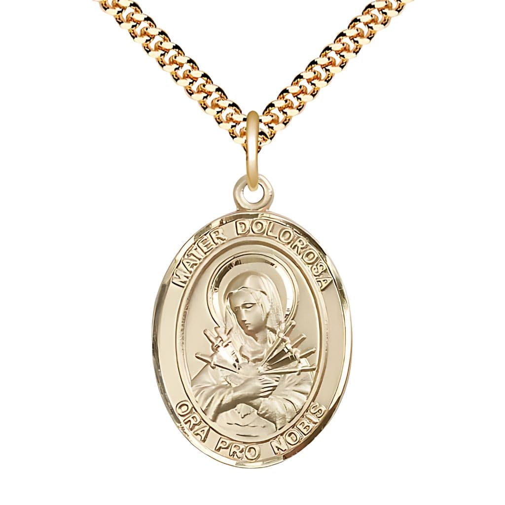 Mater Dolorosa 14kt Gold-filled Oval Engravable Medal with Gold-plated Chain, Measures 1-inch tall by 3/4-inch wide.
