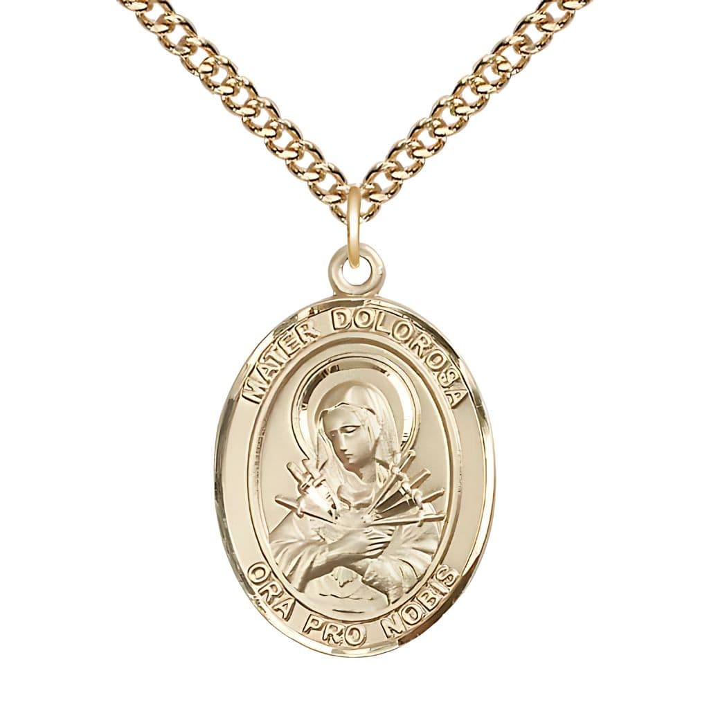 Mater Dolorosa 14kt Gold-filled Oval Engravable Medal with Gold-filled Chain, Measures 1-inch tall by 3/4-inch wide.