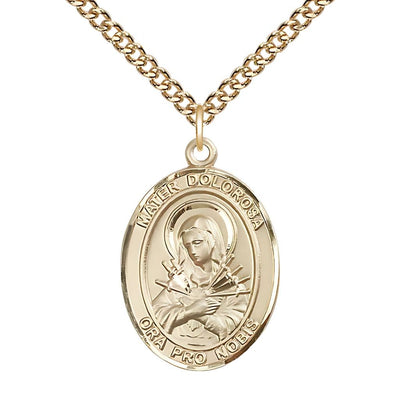 Mater Dolorosa 14kt Gold-filled Oval Engravable Medal with Gold-filled Chain, Measures 1-inch tall by 3/4-inch wide, Bliss Manufacturing