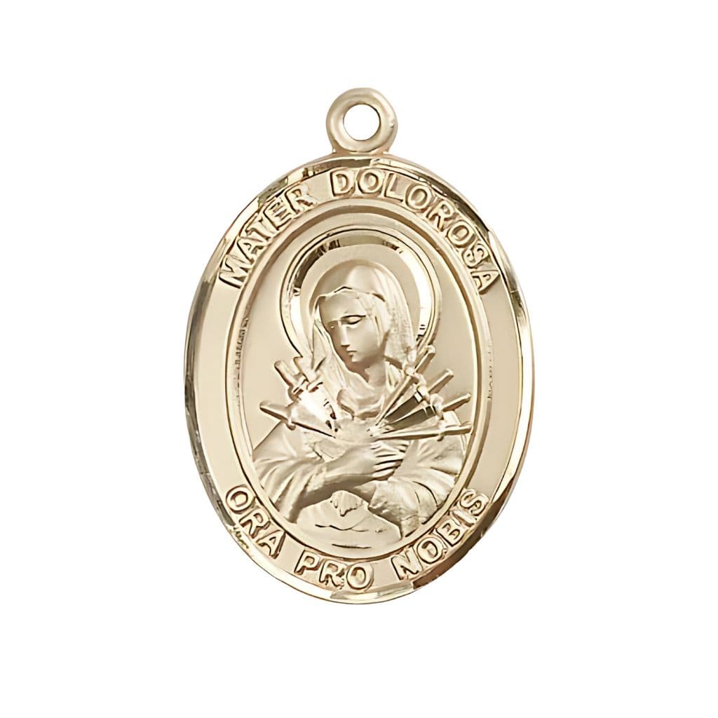 Bliss Mater Dolorosa 14kt Gold Oval Medal, Measures 1-inch tall by 3/4-inch wide