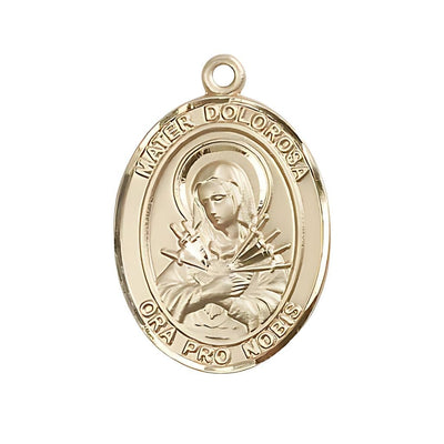 Mater Dolorosa 14kt Gold Oval Medal, Measures 1-inch tall by 3/4-inch wide, Bliss Manufacturing