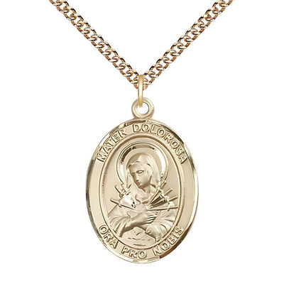 Mater Dolorosa 14kt Gold Oval Medal with 14kt Gold Chain, Measures 1-inch tall by 3/4-inch wide, Bliss Manufacturing