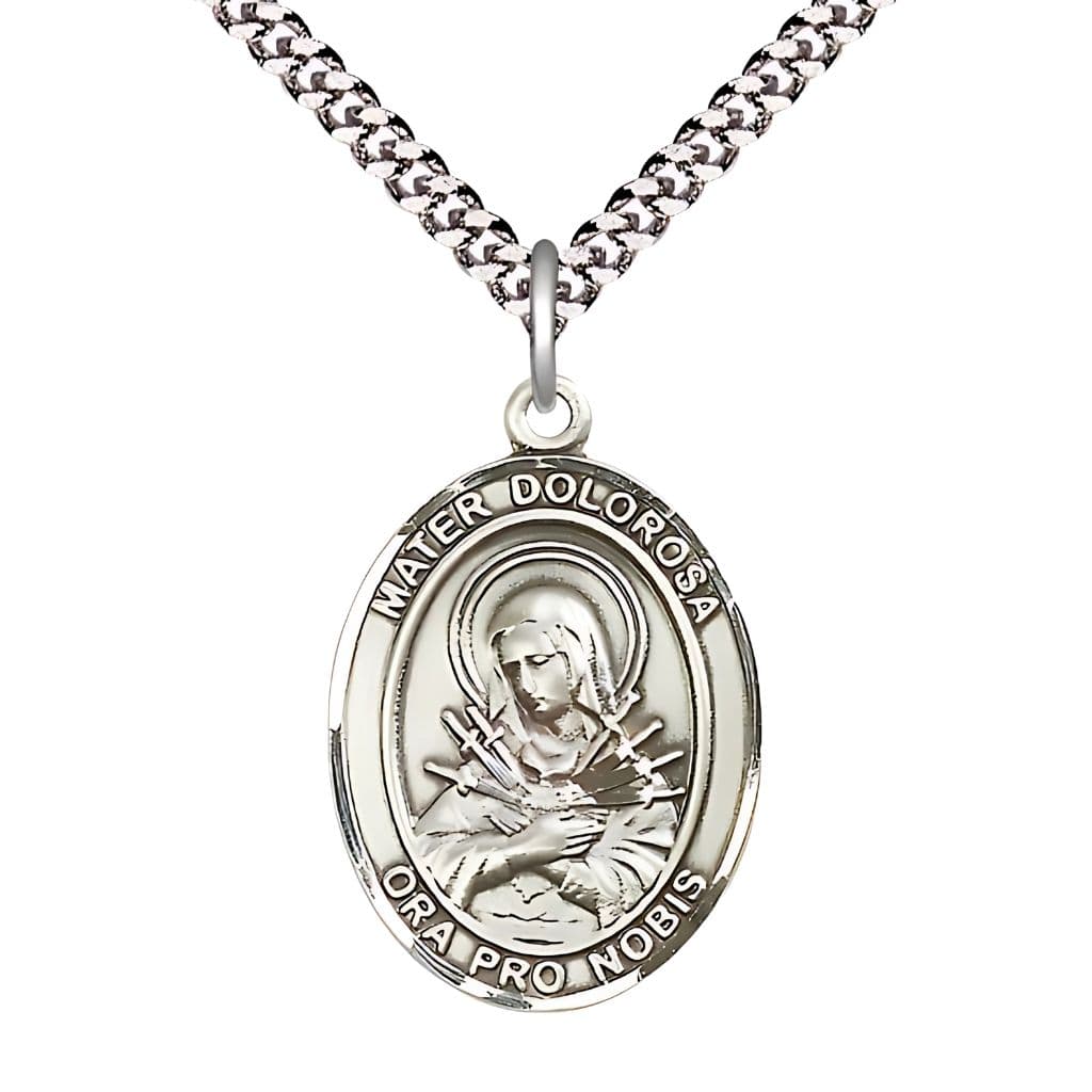 Bliss Mater Dolorosa Pewter Oval Engravable Medal Necklace with Rhodium-plated Chain, Measures 1-inch tall by 3/4-inch wide