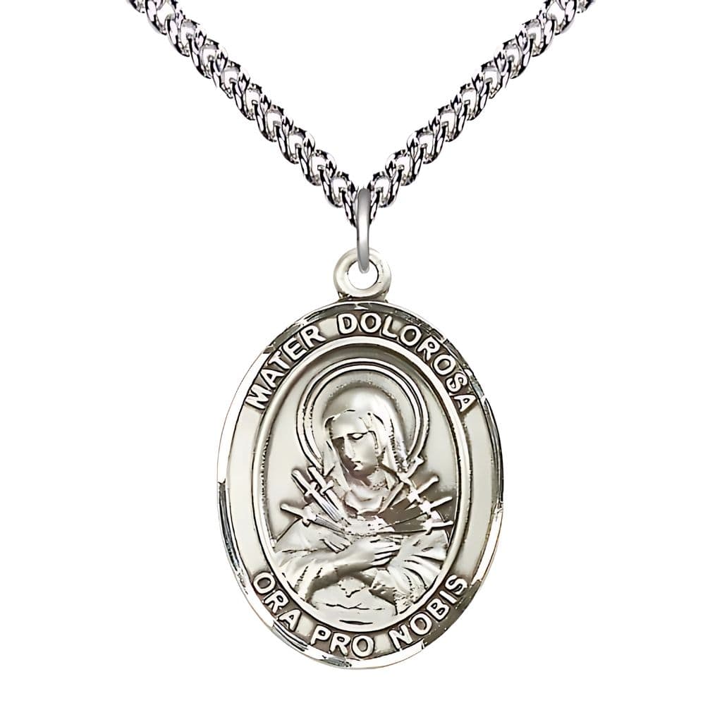 Mater Dolorosa Sterling Silver Engravable Medal Necklace with Sterling Silver Chain, Medal Measures 1-inch tall by 3/4-inch wide