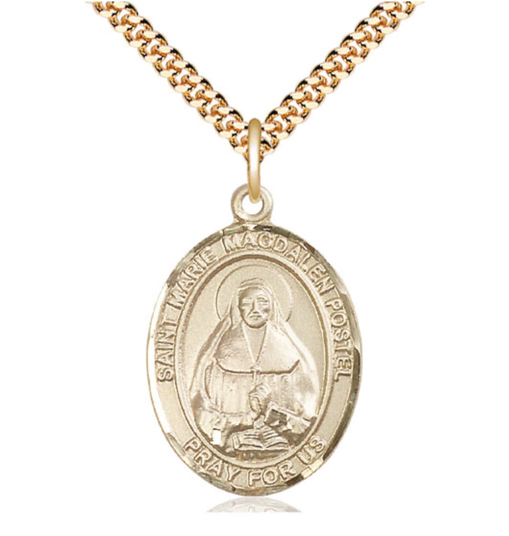 Bliss Large 14kt Gold Filled Marie Magdalen Postel Pendant on a 24 inch Gold Plate Heavy Curb Chain,