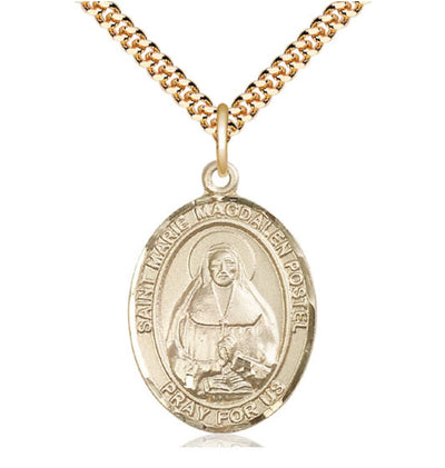 Large 14kt Gold Filled Marie Magdalen Postel Pendant on a 24 inch Gold Plate Heavy Curb Chain, Bliss Manufacturing