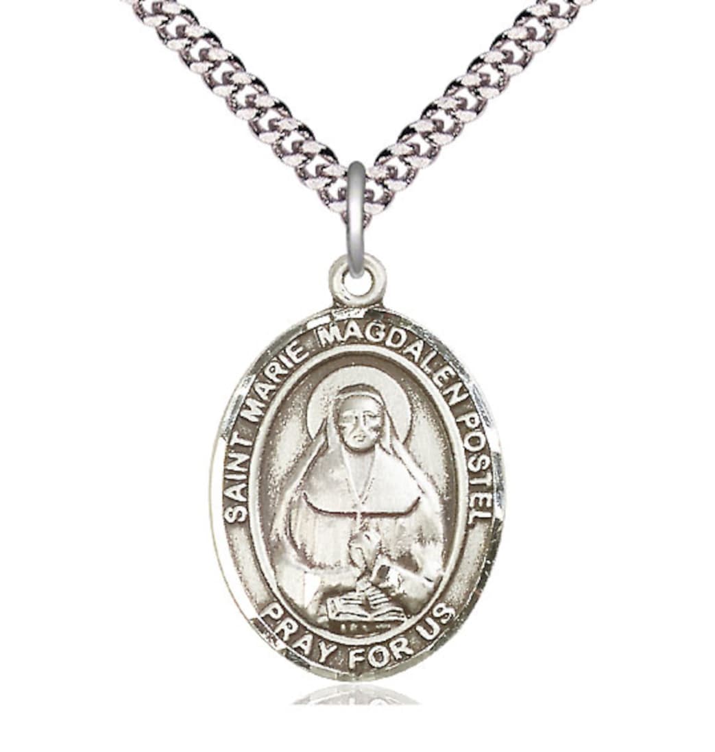 Bliss Sterling Silver Marie Magdalen Postel Pendant on a 24 inch Light Rhodium Heavy Curb Chain,