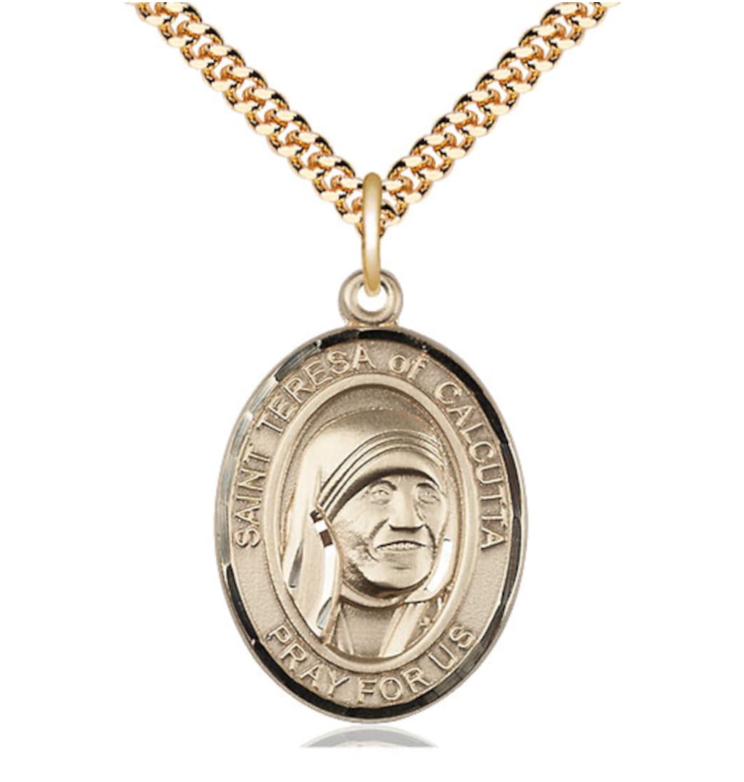 Bliss St Teresa of Calcutta Gold-filled Oval Large Medal Necklace with Plated Chain,