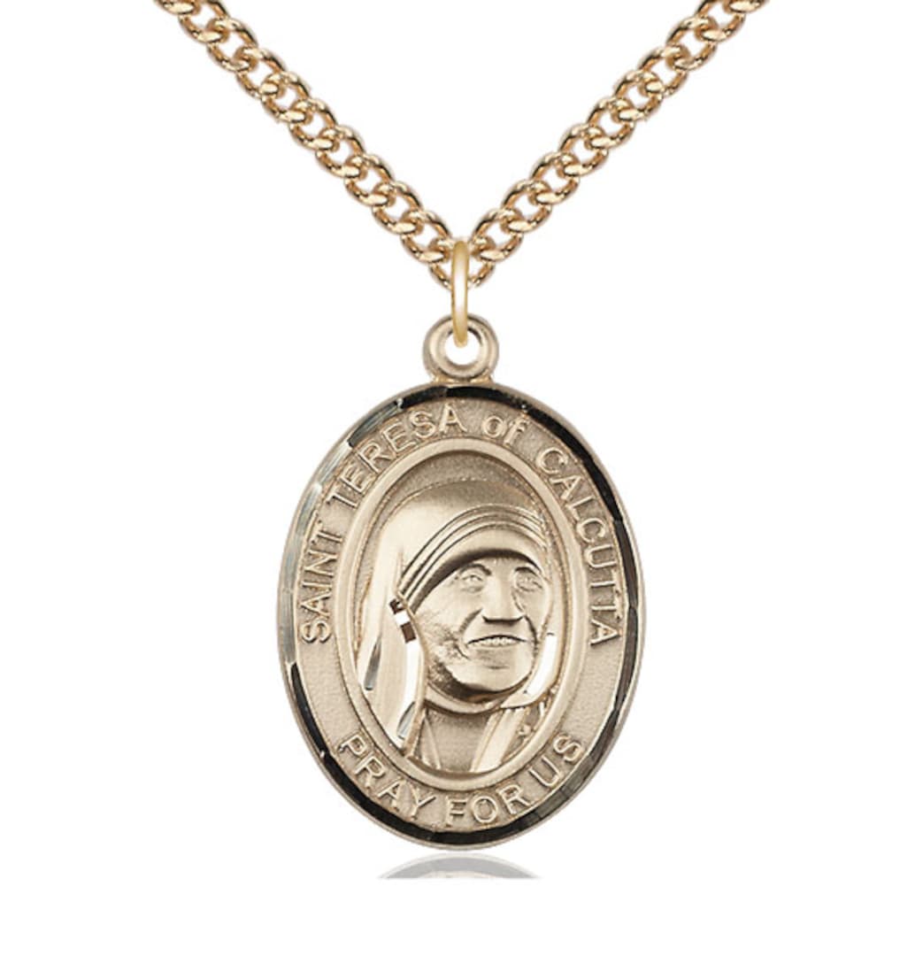 Bliss St Teresa of Calcutta Gold-filled Oval Large Medal Necklace with Gold-filled Chain,