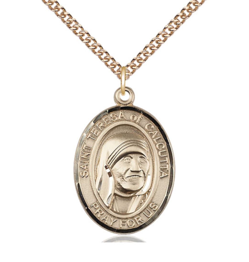 Bliss Large 14kt Gold Saint Teresa of Calcutta Pendant on a 24 inch 14kt Gold Heavy Curb Chain,